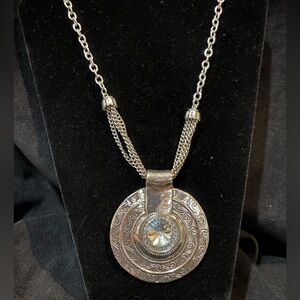 Large silver tone medallion rhinestone pendant necklace